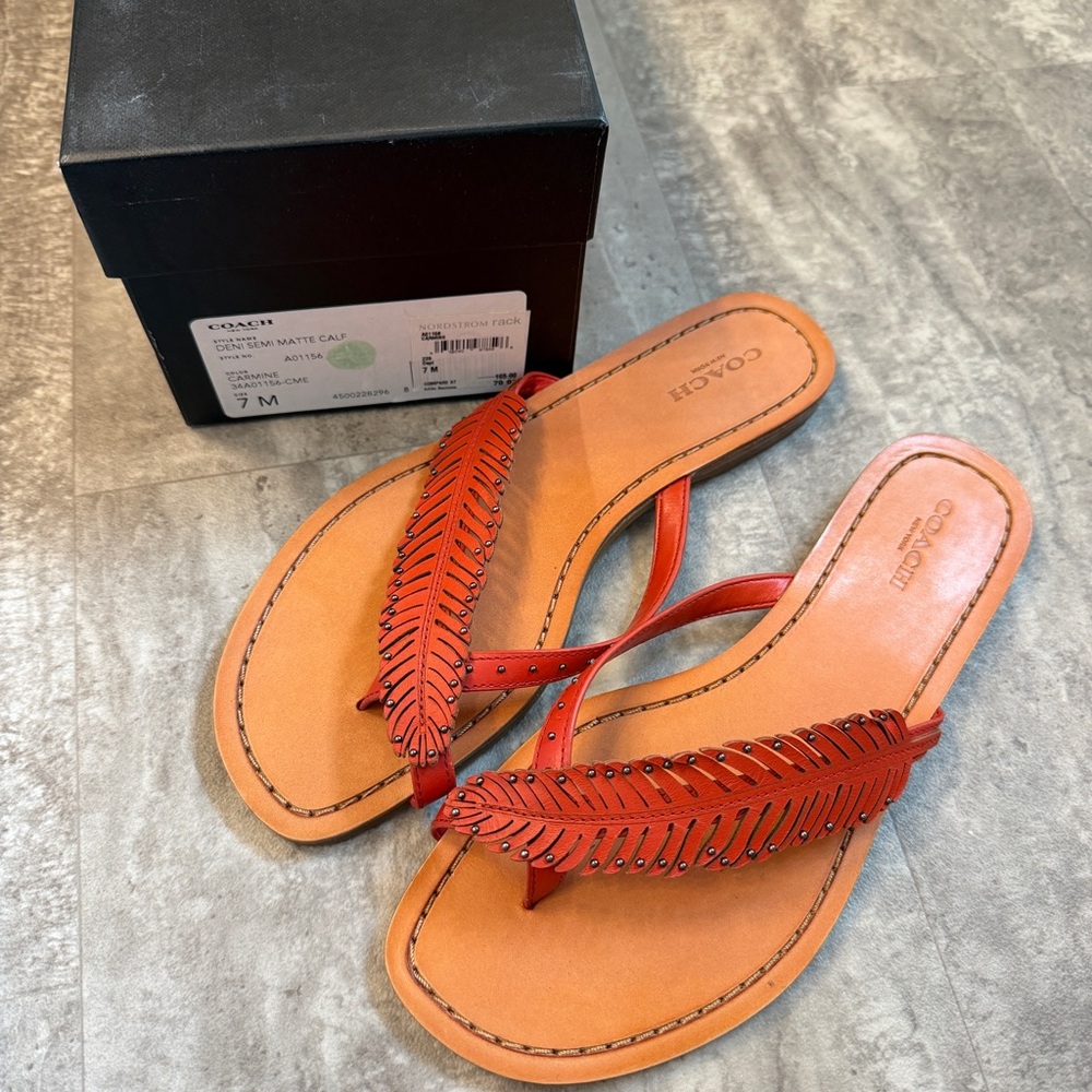 COACH Women's Deni Semi Matte Calf Orange Leather Feather-Trim Thong Sandals 7M